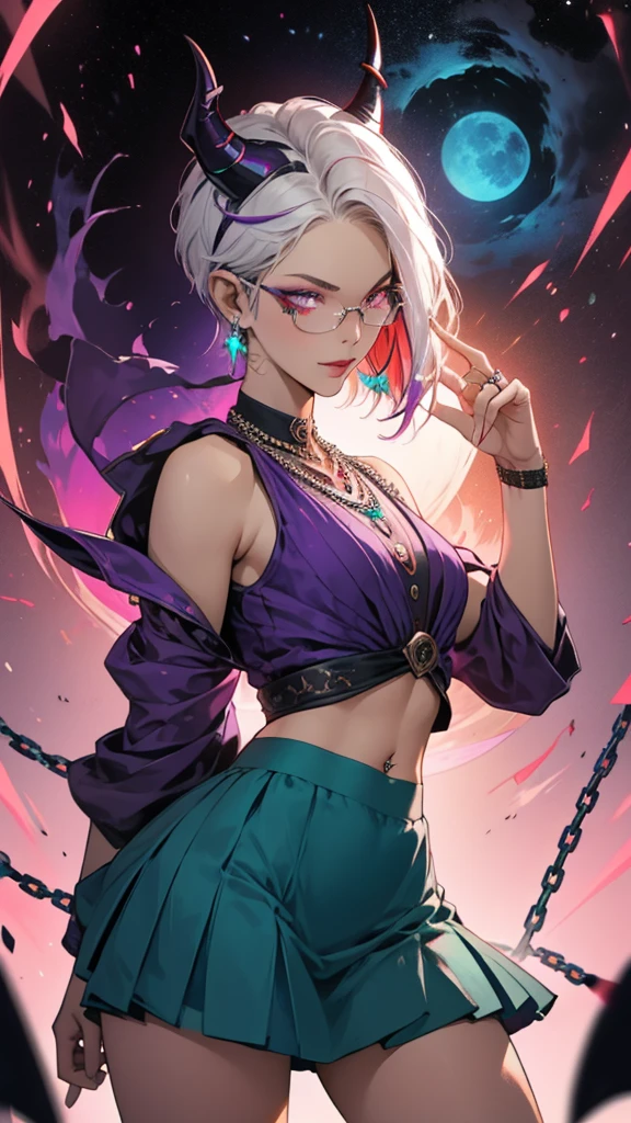 8k, masterpiece, best quality, highly detailed, 1 girl, tiefling, warlock, pixie cut, multicolored hair, very short straight hair red highlight hair on white hair, strippled hair, wearing glasses, round glasses, earrings, navel piercing, red eyeshadow, long eyelashes, blushed cheek, red lips, pearl necklace, rings, collarbone, mole on face, glamorous, teal and purple clothes, sleeveless, miniskirt, smirk, close up view, rings, looking at viewer, demon horns, solo, starry sky, plae blue moon, standing, boxing stance, scaled arms, chains on the background.