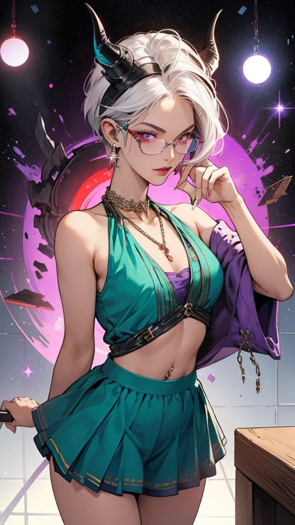 8k, masterpiece, best quality, highly detailed, 1 girl, tiefling, warlock, pixie cut, multicolored hair, very short straight hair red highlight hair on white hair, strippled hair, wearing glasses, round glasses, earrings, navel piercing, red eyeshadow, long eyelashes, blushed cheek, red lips, pearl necklace, rings, collarbone, mole on face, glamorous, teal and purple clothes, sleeveless, miniskirt, smirk, close up view, rings, looking at viewer, demon horns, solo, starry sky, plae blue moon, standing, boxing stance, scaled arms, chains on the background.