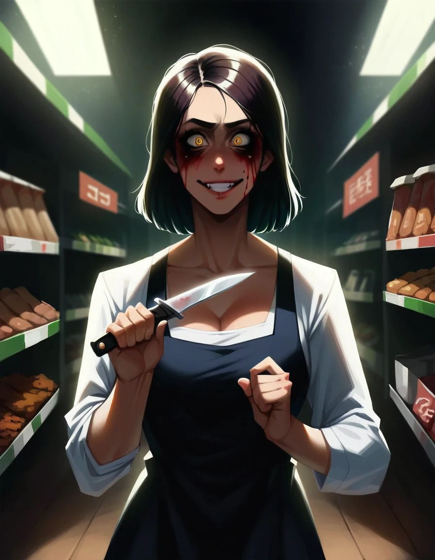 (masterpiece:1.3) 1girl, (female serial killer:1.5) :1.3) working at grocery store , wearing workclothes, wide eyes, blood stains on clothes, big evil smile, (holding a knife:1.3), horror Walmart background, florescent grocery store lighting, deep shadows , extreme details, , complimentary lighting colors, deep skin, , ((stark contrast horror style)), "constricted pupils, small pupils, yellow eyes", , knife, topheavy, (Knife Wielding) psychotic, crazy smile, , constricted pupils, small pupils, , sdxl horror style ((realistic anime))