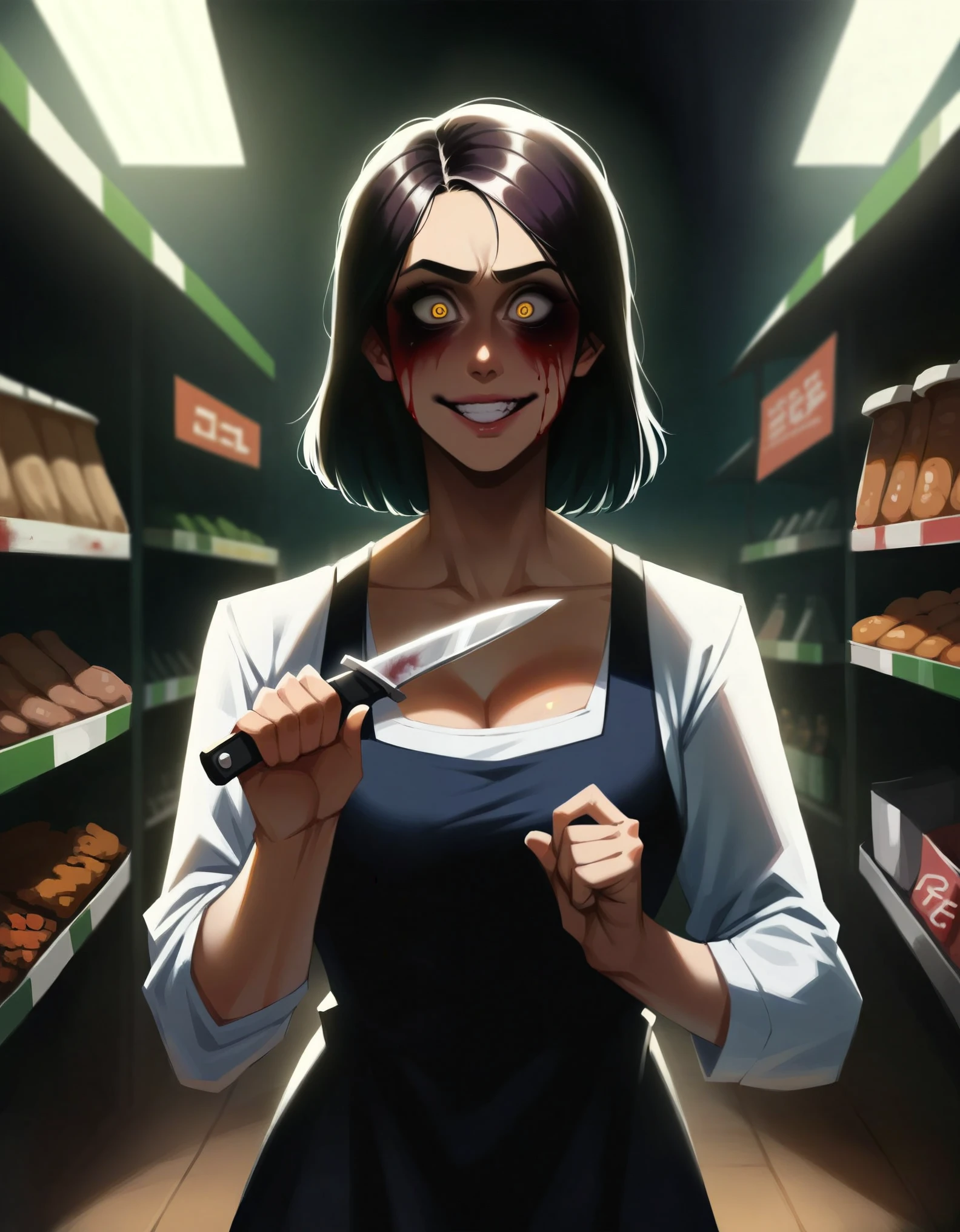 (masterpiece:1.3) 1girl, (female serial killer:1.5) :1.3) working at grocery store , wearing workclothes, wide eyes, blood stains on clothes, big evil smile, (holding a knife:1.3), horror Walmart background, florescent grocery store lighting, deep shadows , extreme details, , complimentary lighting colors, deep skin, , ((stark contrast horror style)), "constricted pupils, small pupils, yellow eyes", , knife, topheavy, (Knife Wielding) psychotic, crazy smile, , constricted pupils, small pupils, , sdxl horror style ((realistic anime))