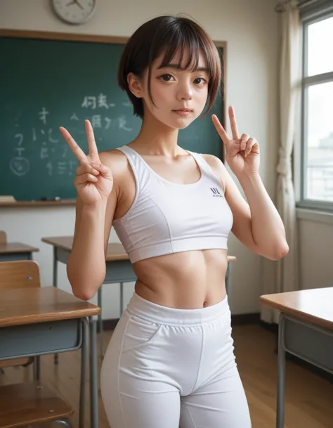 in the classroom、self-introduction、japanese high school girl、small breasts、brown short hair cheeky face、white sports bra and whi...