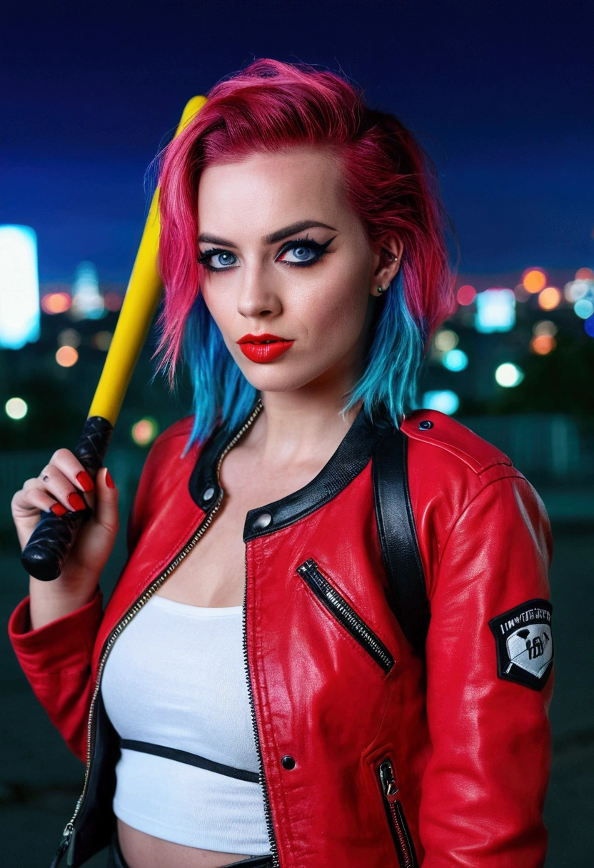 A girl with blue and pink dyed hair, wearing a red and black leather jacket, bright red lipstick, dramatic eye makeup, holding a baseball bat, sinister and playful expression, urban city background, neon lighting, vibrant colors, high contrast, cinematic lighting, photorealistic, masterpiece, 8k, hyper detailed