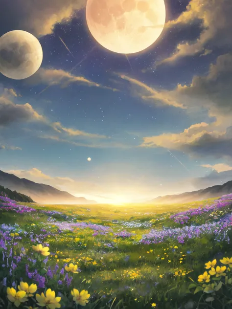 moonlit meadow, fantasy landscape, ethereal watercolor style, open field with gently swaying wildflowers, soft glowing petals, d...