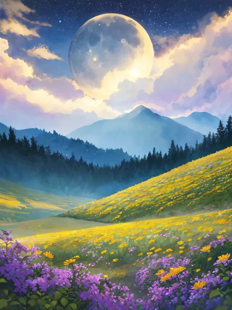 moonlit meadow, fantasy landscape, ethereal watercolor style, open field with gently swaying wildflowers, soft glowing petals, d...