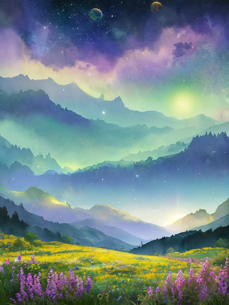 Moonlit meadow, fantasy landscape, ethereal watercolor style, open field with gently swaying wildflowers, soft glowing petals, distant mountains under a starlit sky, floating orbs of light, cool blues, purples, golden hues, serene and mystical ambiance, otherworldly scene, peaceful and expansive, soft, dreamy lighting, magical and tranquil mood