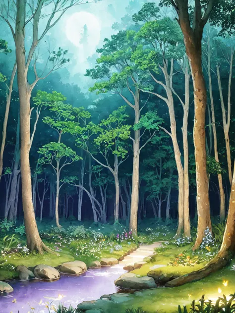 enchanted forest clearing, fantasy landscape, ethereal watercolor style, open glade surrounded by ancient trees, bioluminescent ...