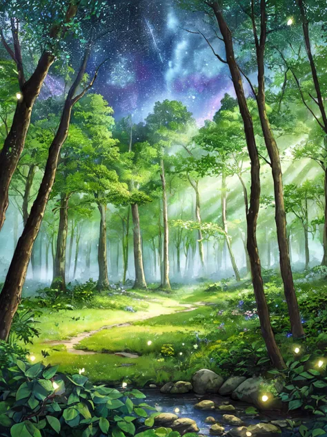 enchanted forest clearing, fantasy landscape, ethereal watercolor style, open glade surrounded by ancient trees, bioluminescent ...