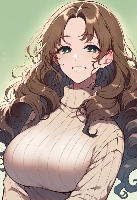 chestnut brown hair, long hair, slightly wavy hair, yellow-green eyes, smiling, voluptuous, beige turtleneck close-up