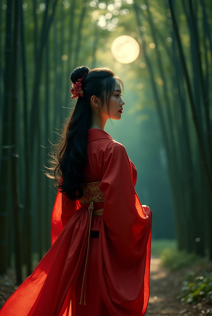 A beautiful woman in a red layered kimono, long black hair in a princess cut flowing behind her, standing alone in a bamboo forest under the moonlit starry sky, highly detailed, photorealistic, 8K, cinematic lighting, wide shot, masterpiece