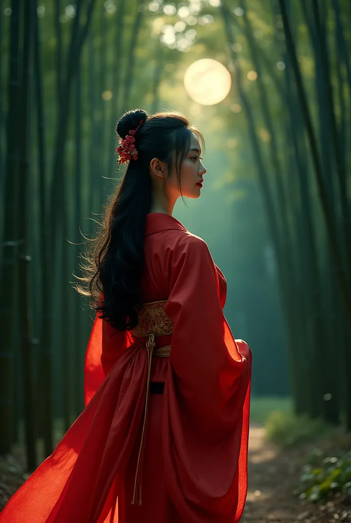 a beautiful woman in a red layered kimono, long black hair in a princess cut flowing behind her, standing alone in a bamboo fore...