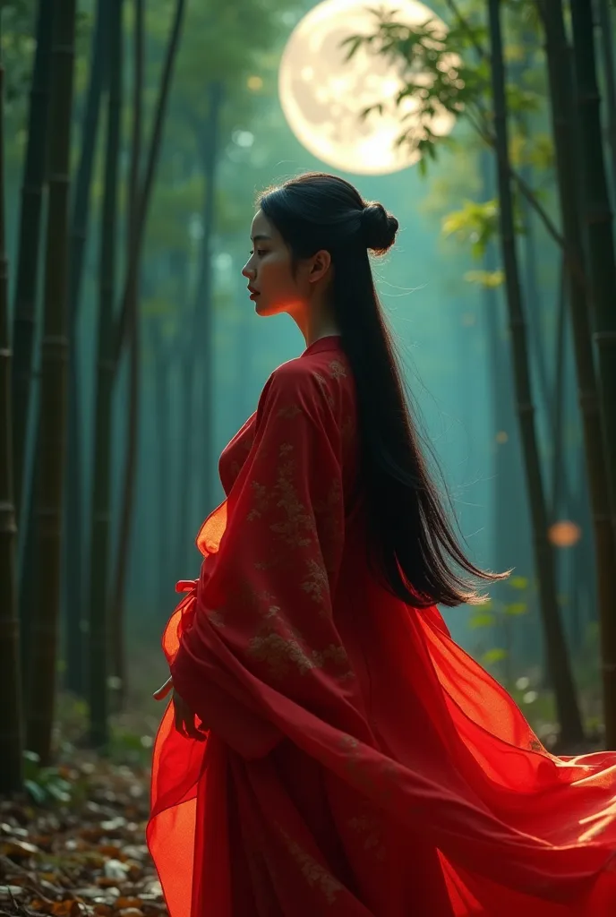 a beautiful woman in a red layered kimono, long black hair in a princess cut flowing behind her, standing alone in a bamboo fore...