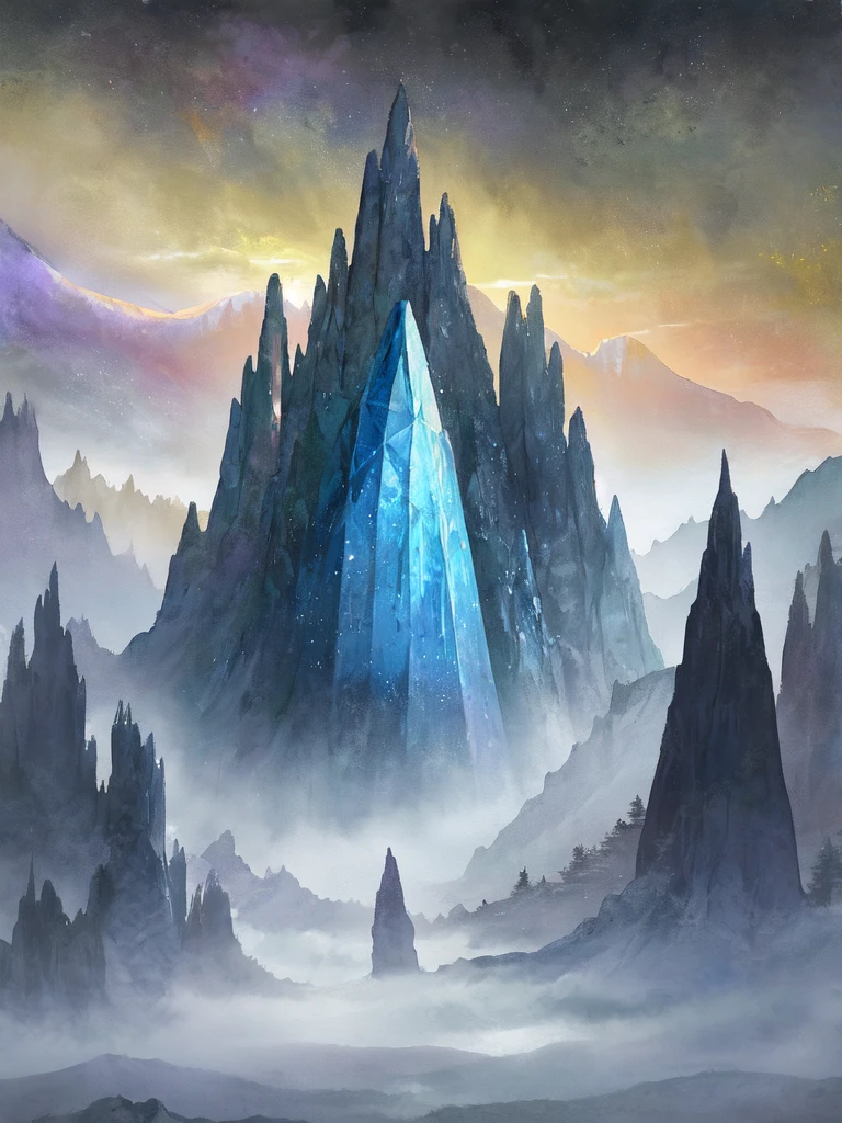 Glowing crystal, fantasy landscape, ethereal watercolor style, radiant crystal towering in the center, casting soft light across the scene, surrounding mountains and forests fading into a gentle blur, deep blues, purples, and golden hues, tranquil and mystical ambiance, otherworldly beauty, sharp focus on the crystal, dreamy and expansive surroundings