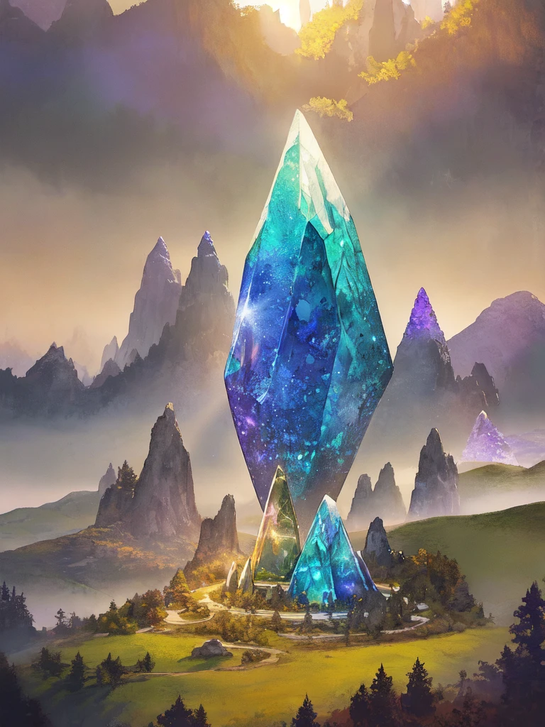 Glowing crystal, fantasy landscape, ethereal watercolor style, radiant crystal towering in the center, casting soft light across the scene, surrounding mountains and forests fading into a gentle blur, deep blues, purples, and golden hues, tranquil and mystical ambiance, otherworldly beauty, sharp focus on the crystal, dreamy and expansive surroundings