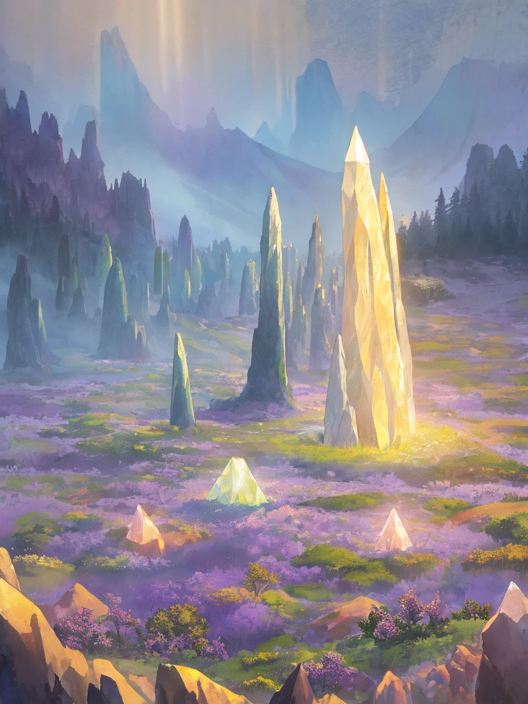 Glowing crystal, fantasy landscape, ethereal watercolor style, radiant crystal towering in the center, casting soft light across the scene, surrounding mountains and forests fading into a gentle blur, deep blues, purples, and golden hues, tranquil and mystical ambiance, otherworldly beauty, sharp focus on the crystal, dreamy and expansive surroundings