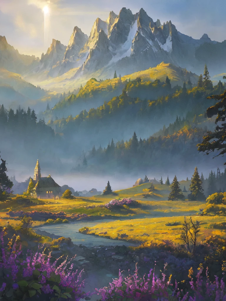 Glowing crystal, fantasy landscape, ethereal watercolor style, radiant crystal towering in the center, casting soft light across the scene, surrounding mountains and forests fading into a gentle blur, deep blues, purples, and golden hues, tranquil and mystical ambiance, otherworldly beauty, sharp focus on the crystal, dreamy and expansive surroundings