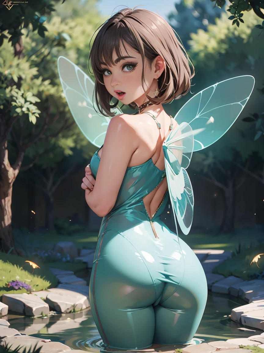 Riley Reid from Tinker Bell (Disney character), Realistic, Dynamic Lights, ((highest quality)), ((masterpiece)), (detailed), Ultra HD, Very Detailed CG Unified 8k Wallpaper, (Cinema lighting), (Anime illustration), 1 girl, sports body, Perfect Face, detailed, (full shot), Tinker Bell is a tiny fairy with translucent wings, sparkling green eyes. wings on the back, Her wings are delicate and shimmer as she flies gracefully, looking at viewer, cowboy shot, low angle, from behind, big ass naked, realistic hands, detailed hands, perfect anatomy, clean details, high quality, sharp focus, Photorealistic Photorealism, background a magical forest with towering trees, glowing moss, and colorful flowers. Sunlight filters through the leaves, reflecting on a sparkling stream. Pixie dust and fireflies float in the air, with a tiny fairy house nestled among the tree roots.