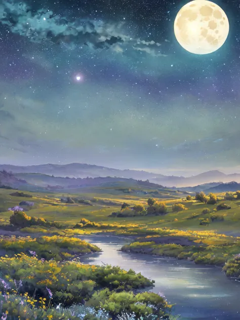 glowing moon, fantasy landscape, ethereal watercolor style, bright full moon as the central focus, softly illuminating the scene...