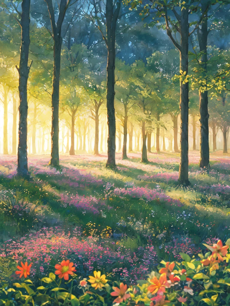 Radiant sun, fantasy landscape, vibrant watercolor style, bright sun as the central focus, casting golden light, surrounding meadow and wildflowers fading into soft pastels, glowing aura around the sun, delicate rays of light streaming through, faint sparkles in the air, warm and serene ambiance, otherworldly beauty, tranquil and expansive mood, subtle fading edges