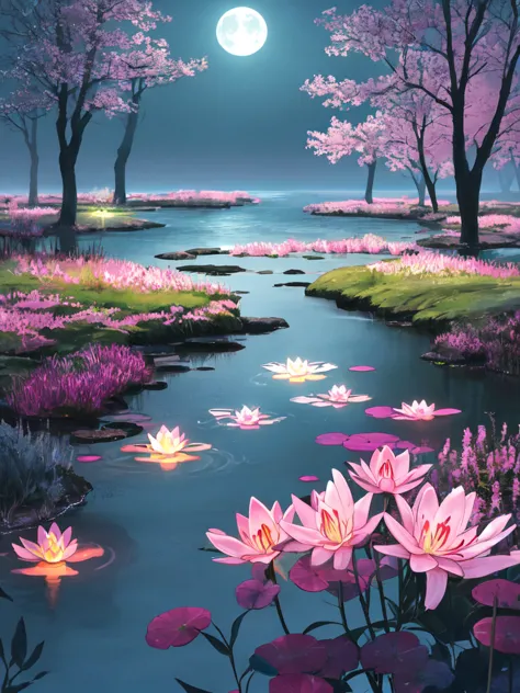 neon lily, moonlit pond, fantasy landscape, central focus on a glowing neon lily floating on the water's surface, emitting soft ...