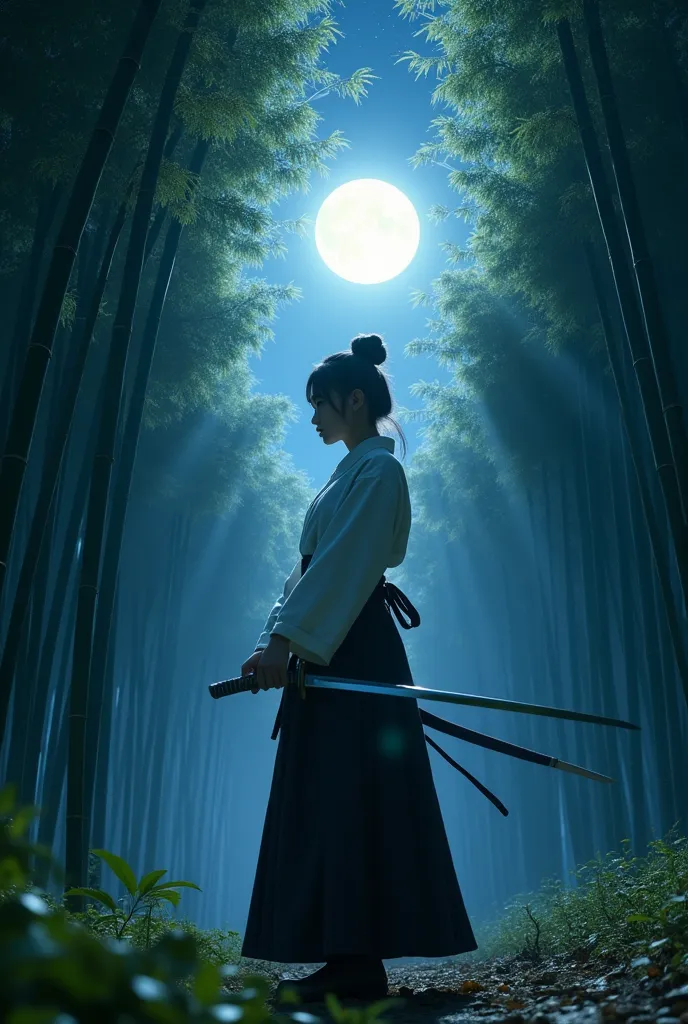 samurai, 1girl, japanese sword, hakama, aesthetic, wide shot, cinematic lighting, ultra wide angle, moonlight, starry sky, bambo...