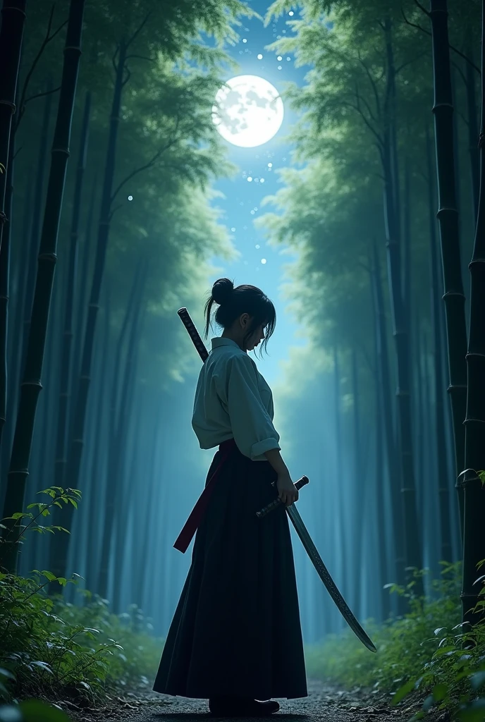 samurai, 1girl, Japanese sword, hakama, aesthetic, wide shot, cinematic lighting, ultra wide angle, moonlight, starry sky, bamboo forest,