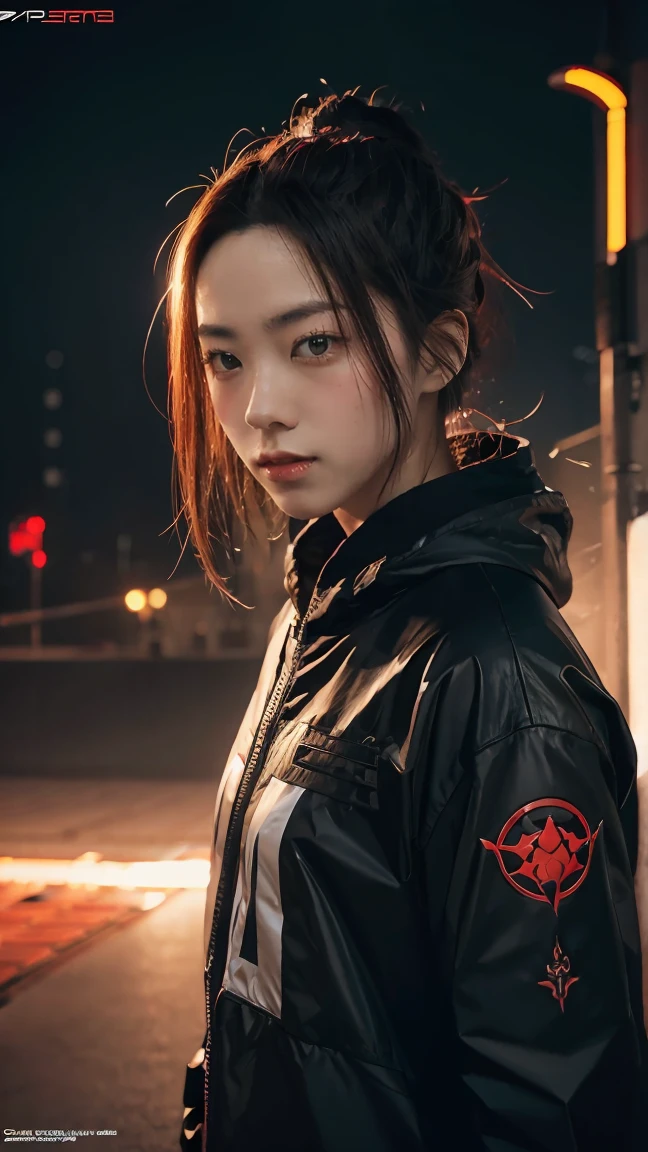 Girl in character concept art that combines Japan Ronin clothing and the beauty of modern technology.. (best quality, 4k, 8ก, height, Masterpiece:1.2), very detailed, (realistic, photorealistic, photo-realistic:1.37), Japanese ronin clothing, Future technology clothing, Detailed facial features, dynamic poses, violent expression, Katana, cyberpunk background, neon light, Mood swings, Riot Games art style, bright colors, Stylish rendering, complicated details, professional artwork, original elements, modern twist.