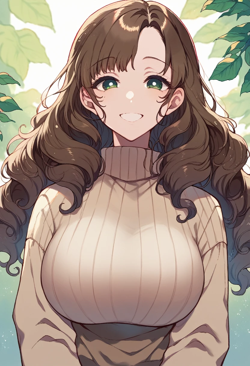 Chestnut brown hair, type 2A wavy hair, yellow-green eyes, smiling, voluptuous, beige turtleneck close-up