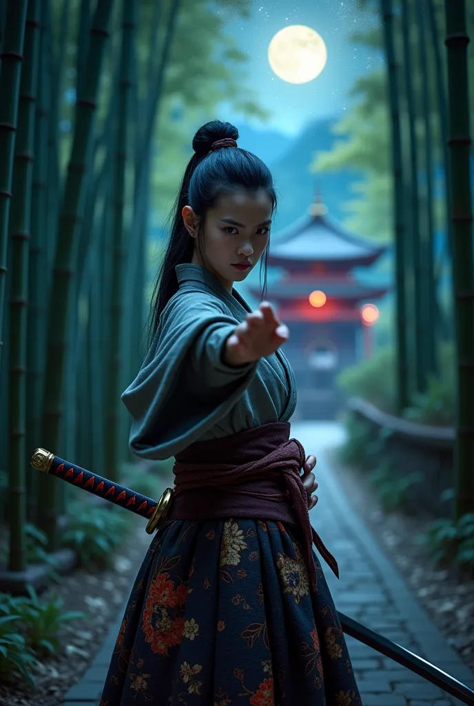 samurai, 1girl, hold a japanese sword and point the blade at it, hakama, aesthetic, wide shot, cinematic lighting, ultra wide an...