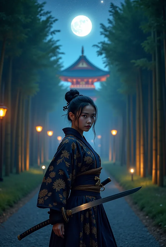 samurai, 1girl, hold a japanese sword and point the blade at it, hakama, aesthetic, wide shot, cinematic lighting, ultra wide an...