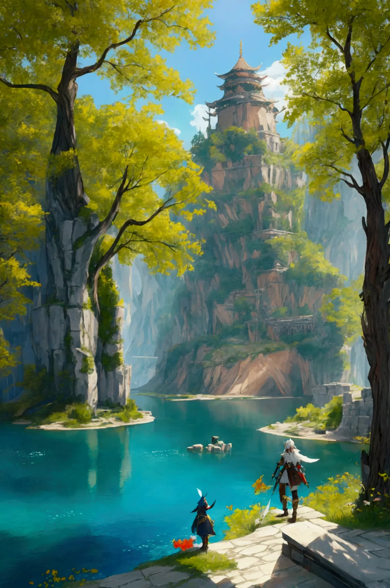 there is a picture of a scene of a lake with a ruin, 19xx, fragments, from ncsoft, from arknights, trails of ink follow movement...