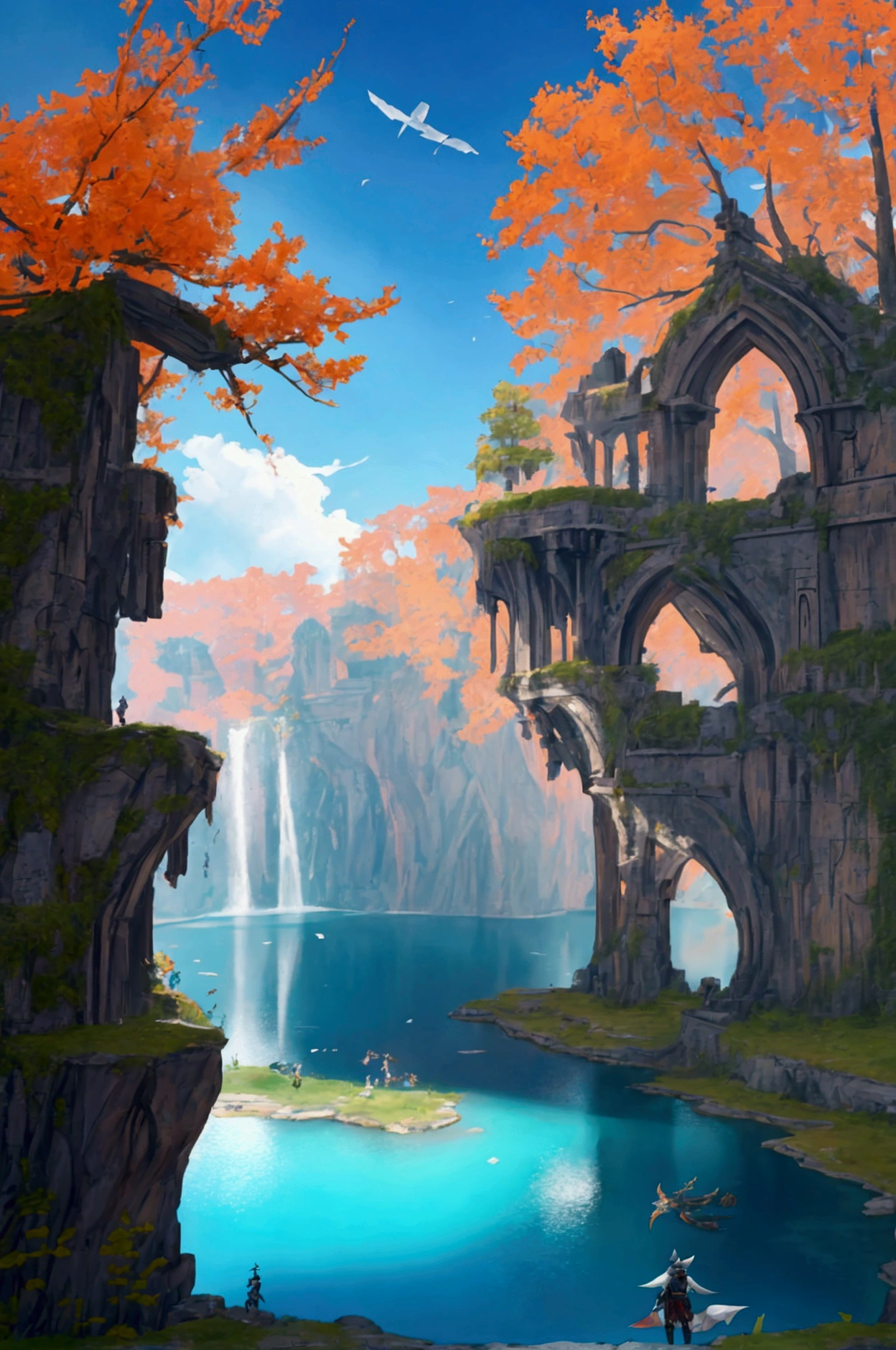 there is a picture of a scene of a lake with a ruin, 19xx, fragments, from ncsoft, from arknights, trails of ink follow movements, 5 e, by Mi Fu, from lineage 2, ffxi, 4 0 k, 40k, ffxiv, 1x, from bravely default ii, 9k, 9 k, detailed image