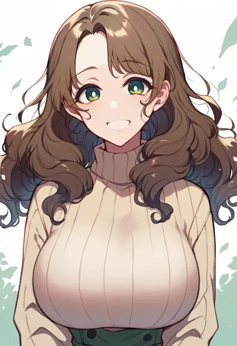 chestnut brown hair, s-shaped wavy hair, yellow-green eyes, smiling, voluptuous, beige turtleneck close-up