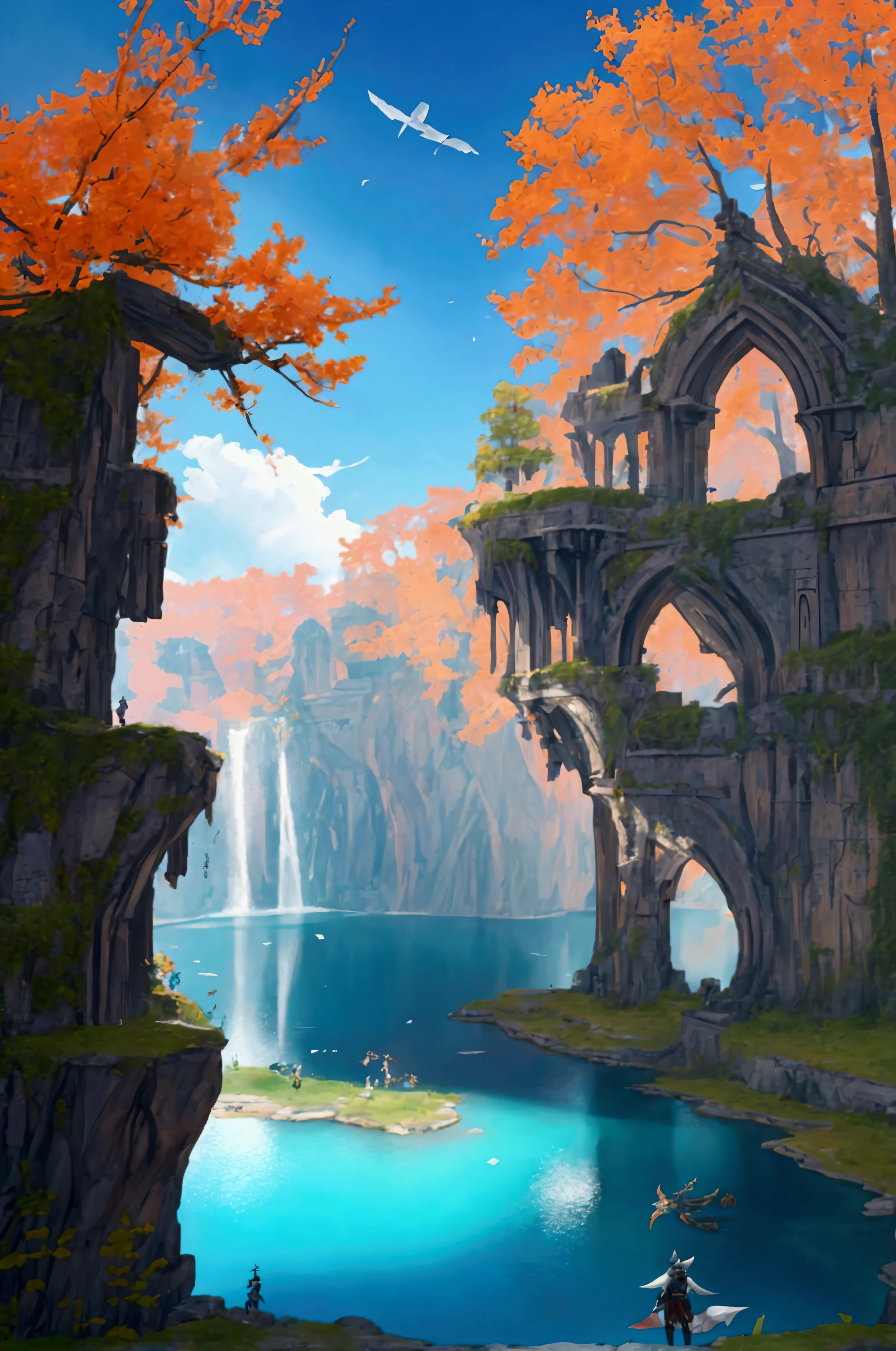 there is a picture of a scene of a lake with a ruin, 19xx, fragments, from ncsoft, from arknights, trails of ink follow movements, 5 e, by Mi Fu, from lineage 2, ffxi, 4 0 k, 40k, ffxiv, 1x, from bravely default ii, 9k, 9 k, detailed image