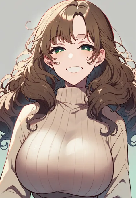 chestnut brown hair, s-shaped wavy hair, yellow-green eyes, grin, voluptuous, beige turtleneck close-up