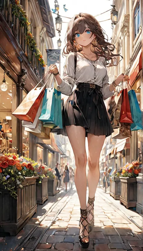 beautiful girl with super detailed eyes, many beautiful details, very beautiful, with a lot of shopping bags, whole body