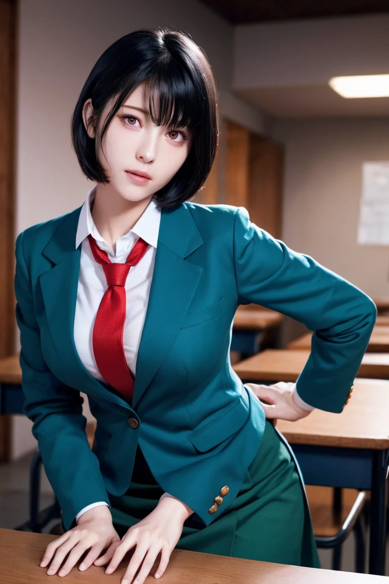 (high quality、high resolution、Tabletop、4K,8k)、Red eyes,Black Hair,short hair,ryouko, Red eyes, Large Breasts, hair band, Blue tie, blazer, school uniform, winter school uniform, Green Skirt,