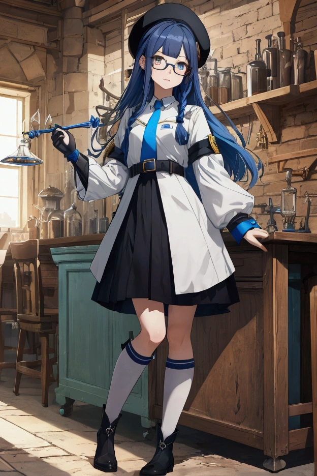 Artwork, best qualityer, 2d anime style, White girl, short stature, bangss, long hair, some braided strands, Dark Blue Hair, pale, heterochromia, vibrant blue left eye, yellow right eye, white glasses, beret, black dress covered, black tights, blue details, necktie, longsleeve, whitegloves, waist belt, apathetic expression, medieval theme, RPG, alchemy laboratory background with chemistry glassware, book shelf, mechanical arm with silver details . fully body, conceptual artwork, large white boots.
