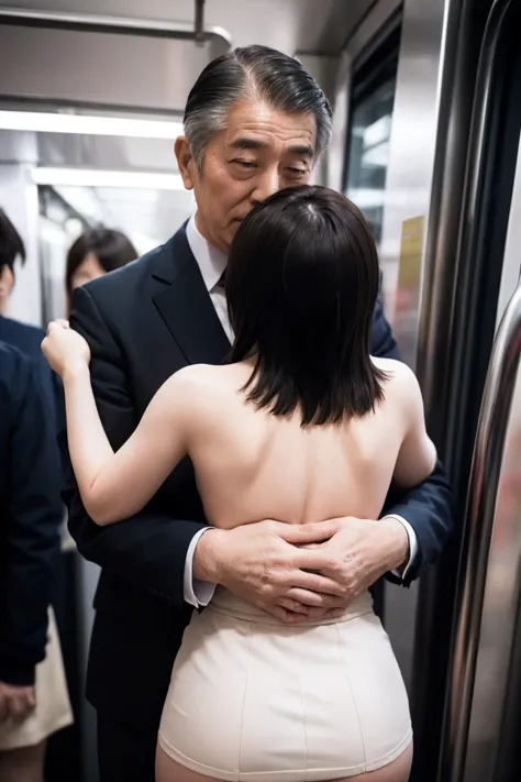 nude.naked.browsing caution, crowded train, japan , handsome man hugging his girlfriend from behind, talk in her ear, lift her u...