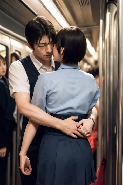 browsing caution, crowded train, japan , handsome man hugging his girlfriend from behind, talk in her ear, lift her up, twist up...