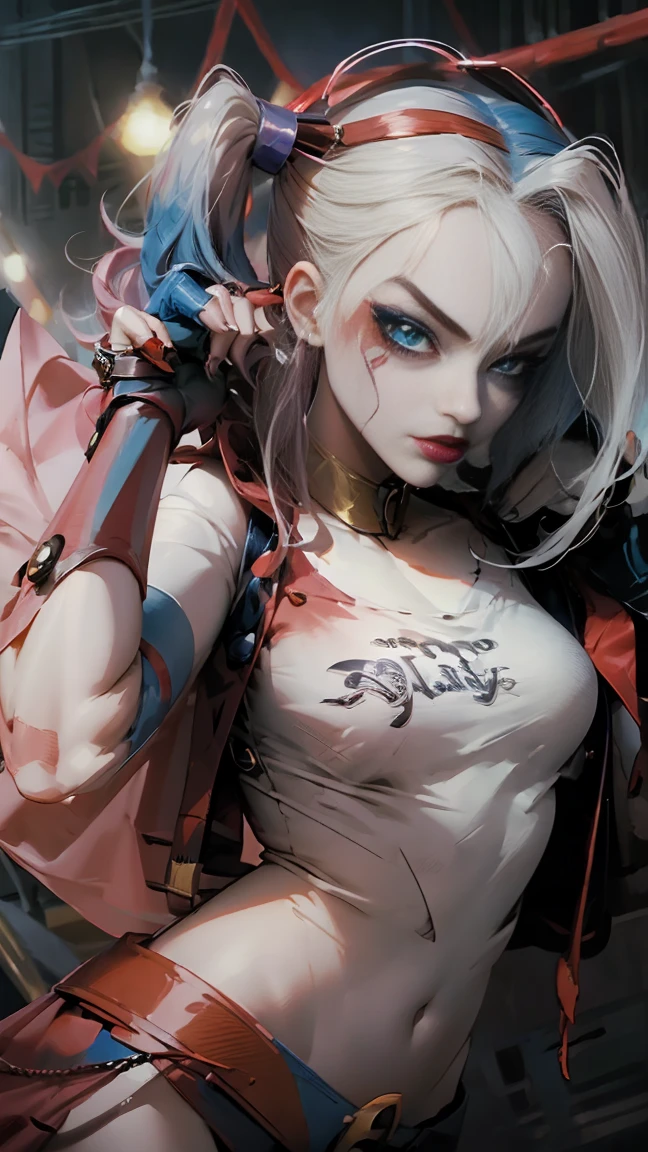 Dark wizard Gils dressed as Harley Quinn. He has blonde and black hair. blue eyes. Red lips. Gils, the dark magician, Did you dress up like Harley Quinn?. Sensual and innocent pose. circus background 