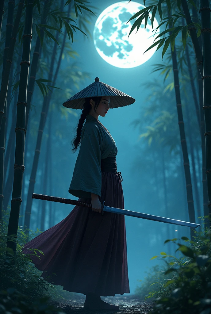 samurai, 1girl, Hold a Japanese sword, Japanese conical hat, hakama, aesthetic, wide shot, cinematic lighting, ultra wide angle, moonlight, starry sky, bamboo forest, animation style, battle scene,