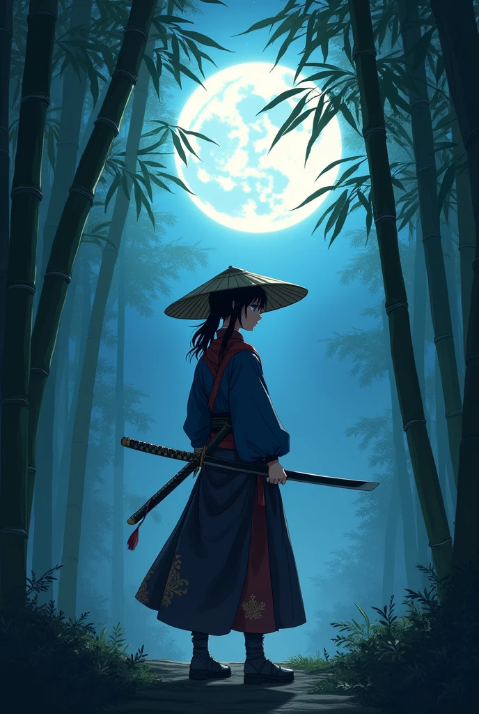 samurai, 1girl, Hold a Japanese sword, Japanese conical hat, hakama, aesthetic, wide shot, cinematic lighting, ultra wide angle, moonlight, starry sky, bamboo forest, animation style, battle scene,