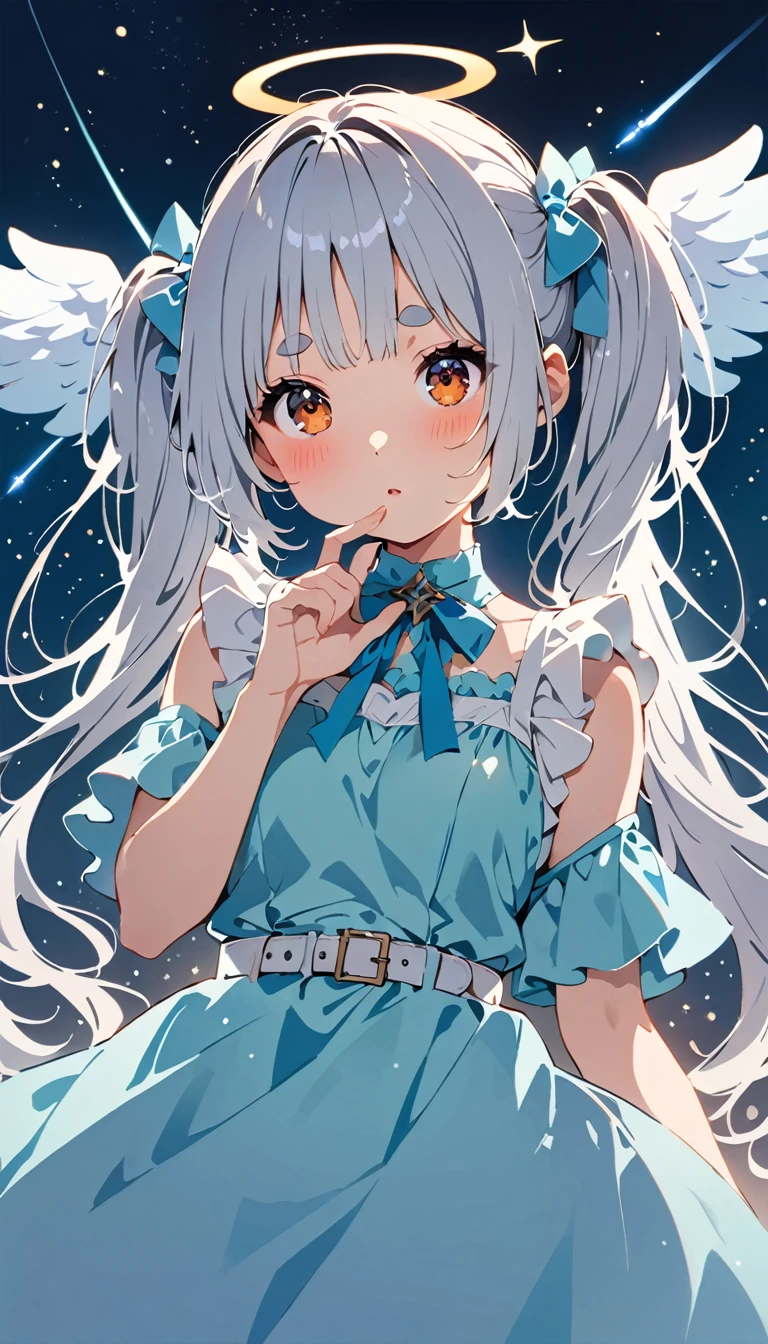 (((masterpiece, Highest quality, One person, alone))), (((Half-long white hair, Twin tails only at the back, Shoulder-length hair, Short round eyebrows, Beautiful Eyes, A disinterested look:1.5, Orange Eyes))), View your viewers, (((Light blue goth dress, White belt, White apron))), , Small breasts, bangs, (blush:0.5, Close your mouth, ), , ((whole body, )), Angel Wings, Angel Halo, fly in the sky, From below, An illustration with a deep, distinct navy blue hue., full moon, Beautiful galaxy in the sky, shooting star, Many faint particles of light on the entire screen,