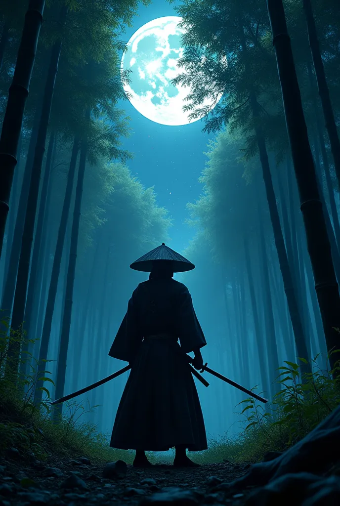 samurai, hold a katana, japanese conical hat, hakama, aesthetic, wide shot, cinematic lighting, ultra wide angle, moonlight, sta...