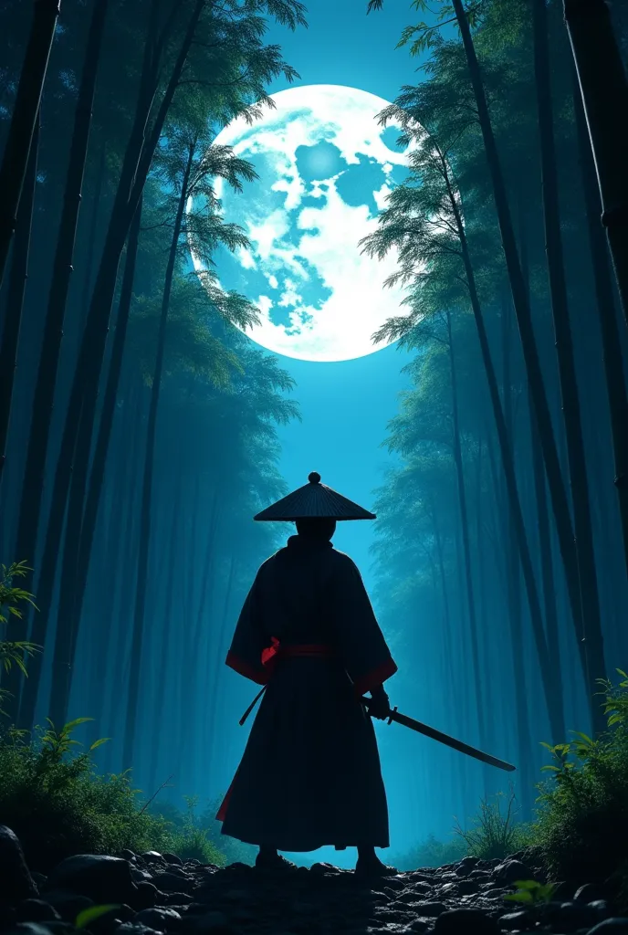 samurai, hold a katana, japanese conical hat, hakama, aesthetic, wide shot, cinematic lighting, ultra wide angle, moonlight, sta...