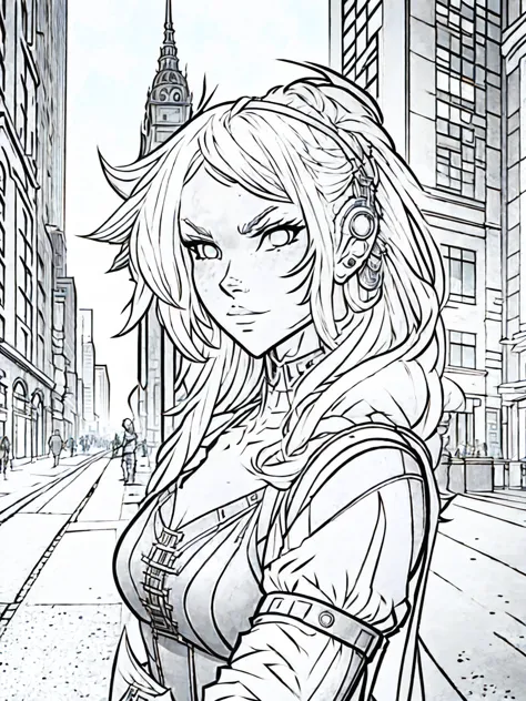 gril in the city, cartoon style, no color, white background, only strokes, no shadows, only strokes