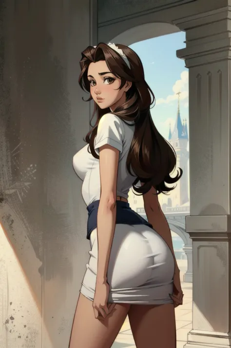 ((ultra detailed, masterpiece, best quality))
 disneybelle, 1girl, solo, brown hair, brown eyes, long hair, short skirt barely c...