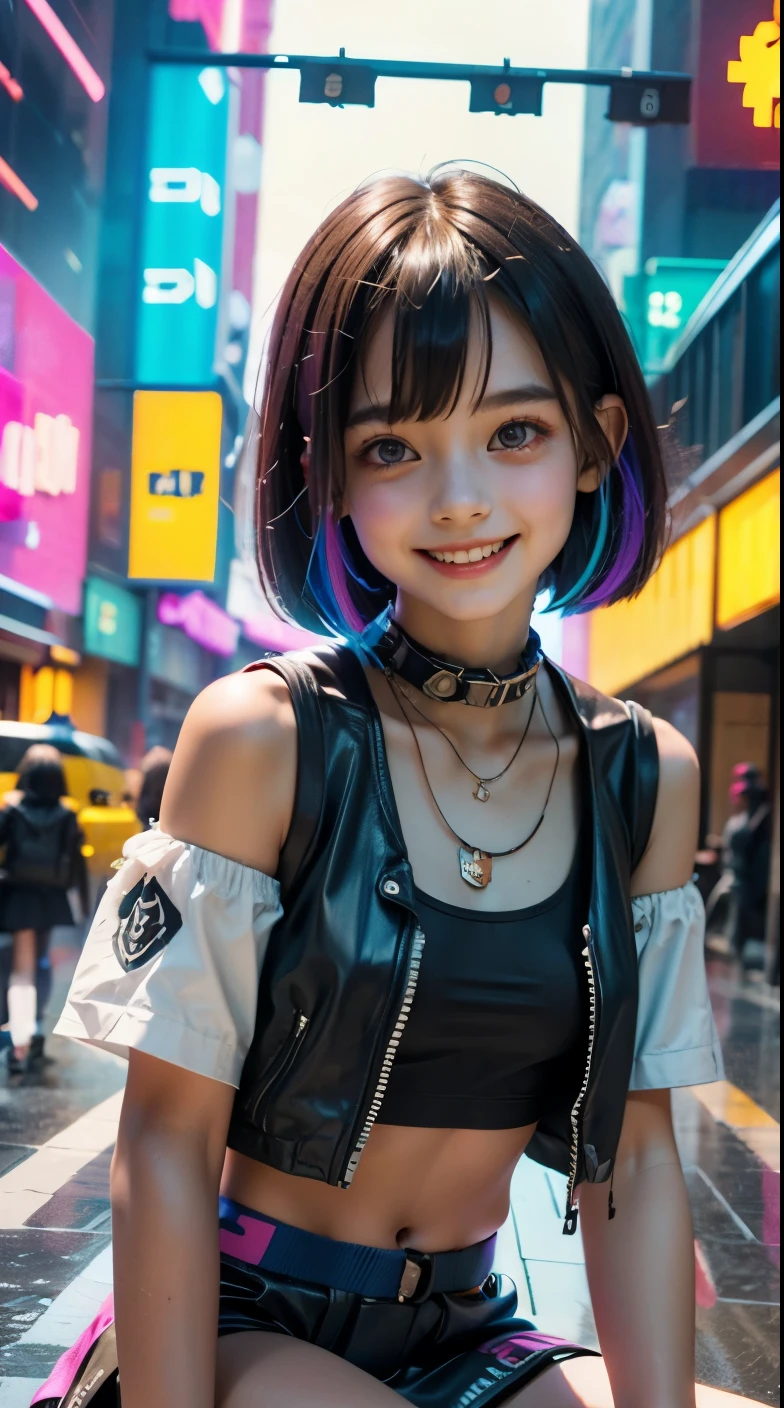 A colorful Bob cut haired punk canadian girl, smooth white skin, innocent look, 15 years old, Ultra high res, uhd, photorealistic, cyberpunk outfit, ripped shirt, wink, smiling ear to ear, neon lighting, crop top vest, wearing short skirt, colorful loose socks, full body shot, beautiful legs, fish eye lens, vogue pose, modeling, playful 