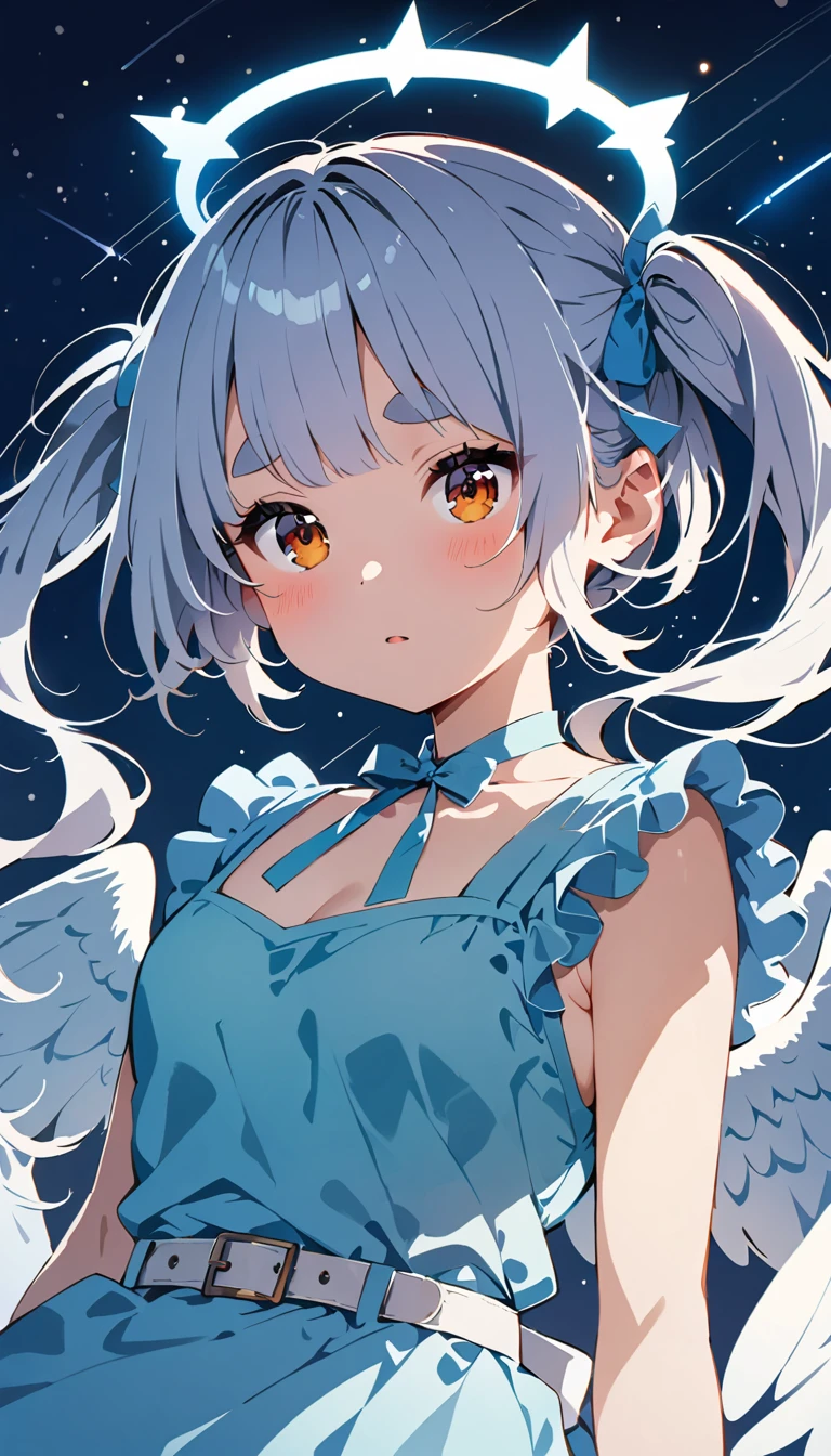 (((masterpiece, Highest quality, One person, alone))), (((Half-long white hair, Twin tails, Shoulder-length side hair, Short round eyebrows, Beautiful Eyes, Confused eyes:1.5, jitome, Orange Eyes))), View your viewers, (((Light blue goth dress, White belt, White apron:1.2))), , Small breasts, bangs, (blush:0.5, Close your mouth, ), , ((whole body, arms behind)), Angel Wings, Spiky angel halo, fly in the sky, From below, An illustration with a deep, distinct navy blue hue., full moon, Beautiful galaxy in the sky, shooting star, Many faint particles of light on the entire screen,