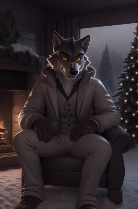 mr wolf, male, wolf, sexy, yellow eyes, wearing a snow jacket, snow pants, paws, in a cabin, nighttime, snowing outside, by the ...